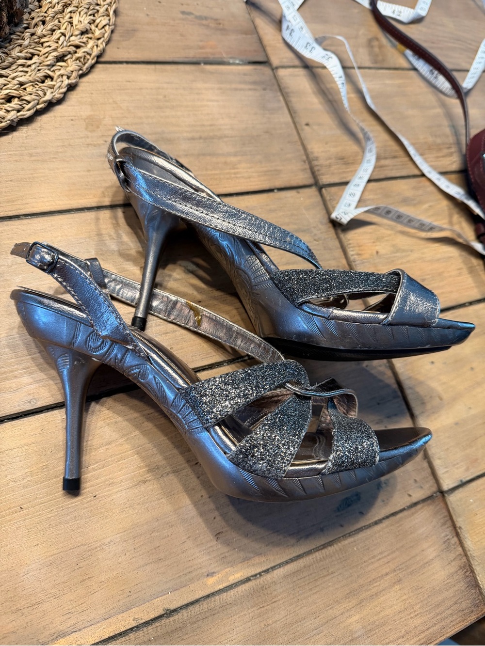 le chateau Silver Glitter Peep Toe Slingback Heels